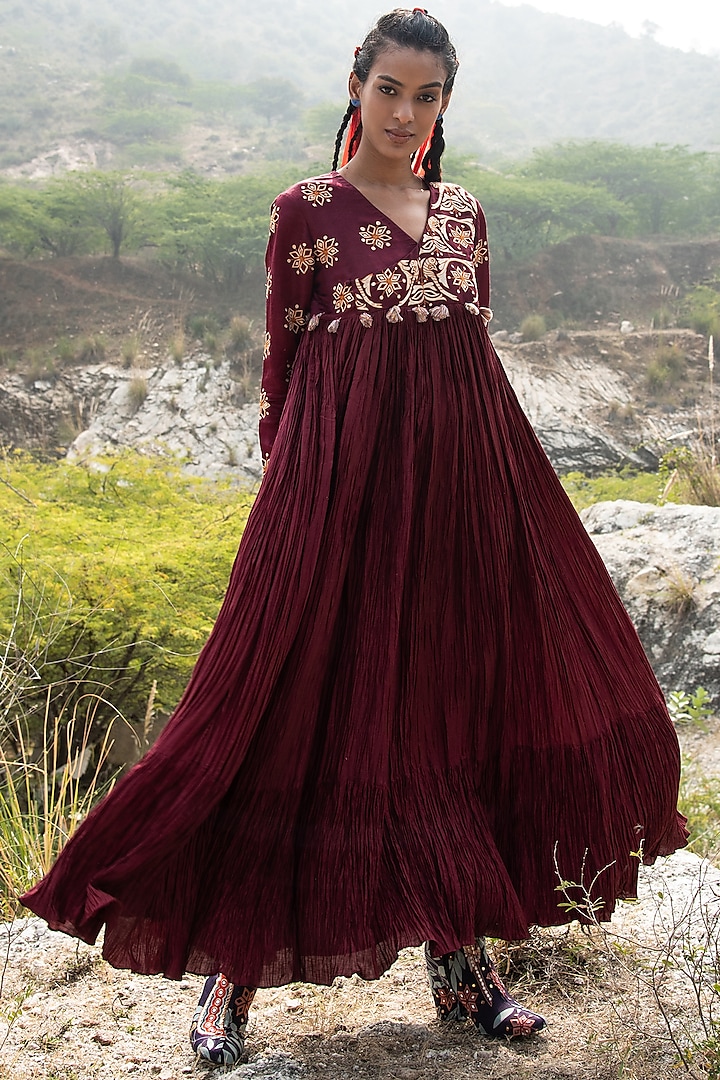 Maroon Crushed Silk Dress by Swati Vijaivargie