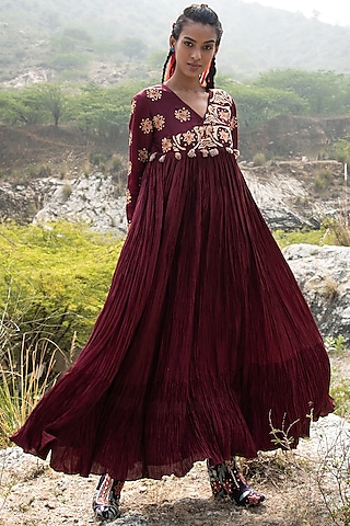 Maroon Crushed Cotton Silk Maxi Dress by Swati Vijaivargie
