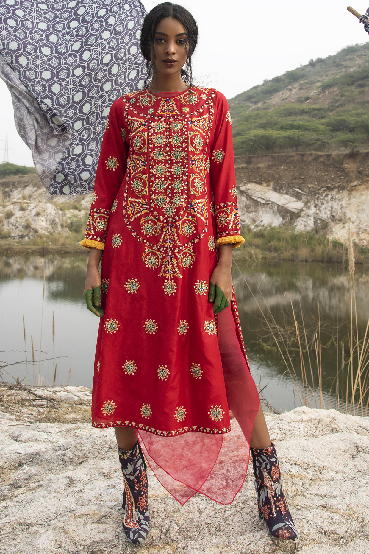 Red Embroidered Kurta Set by Swati Vijaivargie at Pernia's Pop Up Shop