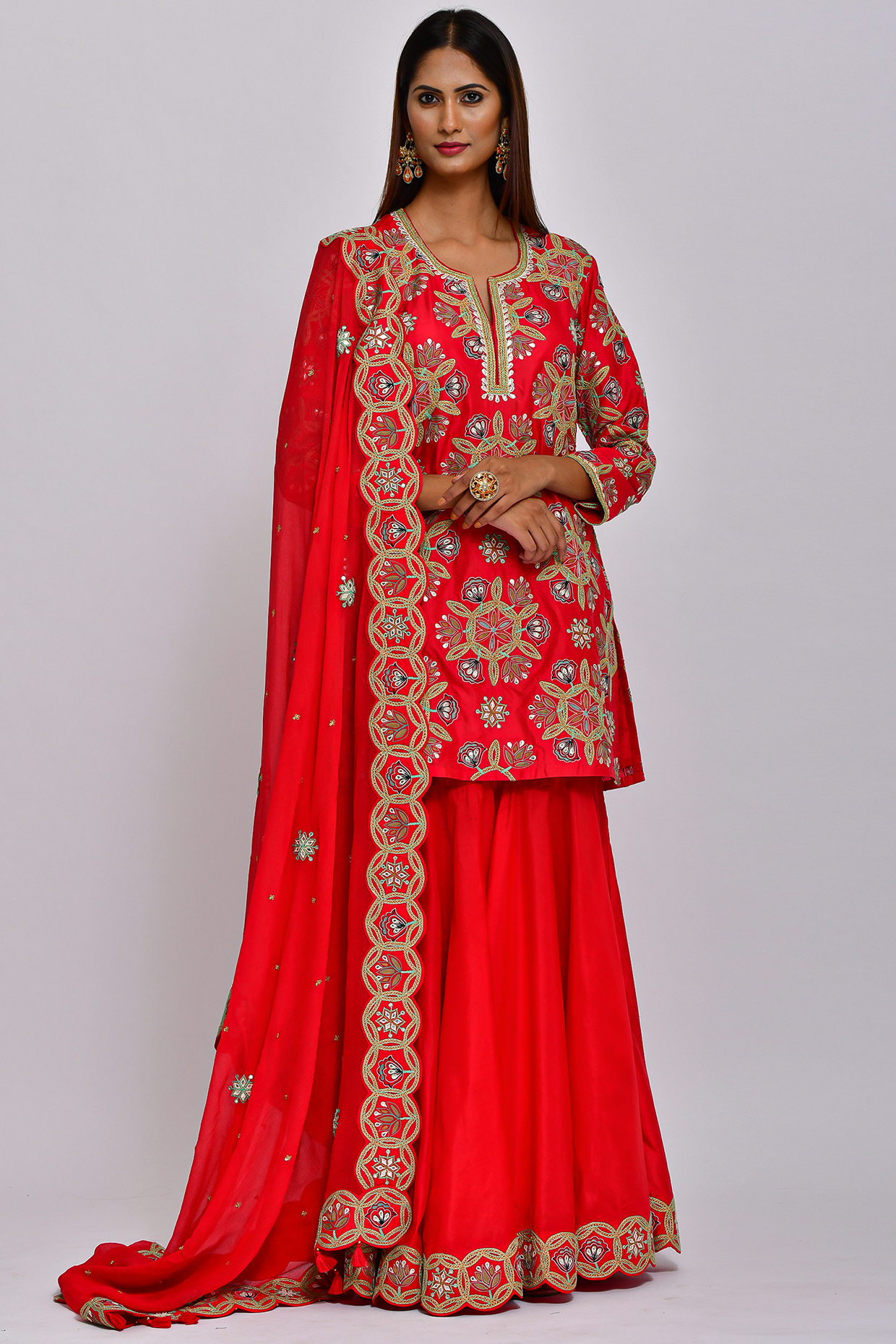 Red Embroidered Bridal Sharara Set by Swati Vijaivargie at Pernia's Pop Up Shop