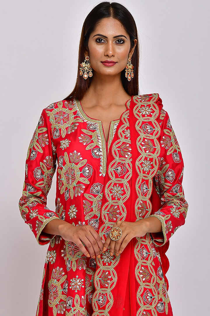 Red Embroidered Bridal Sharara Set by Swati Vijaivargie at Pernia's Pop Up Shop