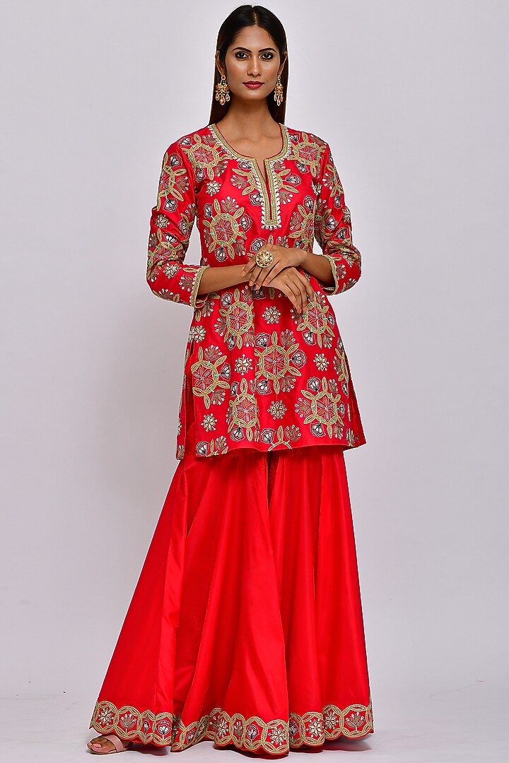 Red Embroidered Bridal Sharara Set by Swati Vijaivargie at Pernia's Pop Up Shop