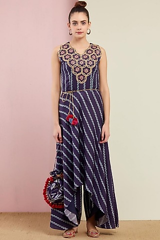Navy Blue Embroidered Jumpsuit by Swati Vijaivargie