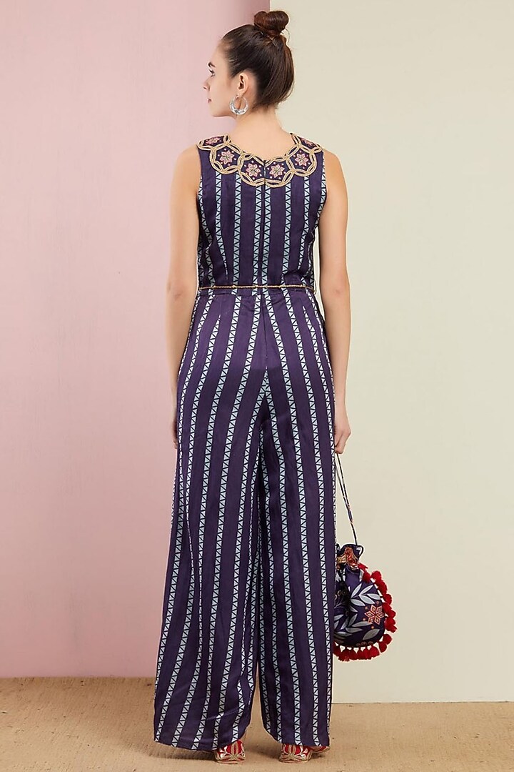 Navy Blue Embroidered Jumpsuit by Swati Vijaivargie at Pernia's Pop Up Shop