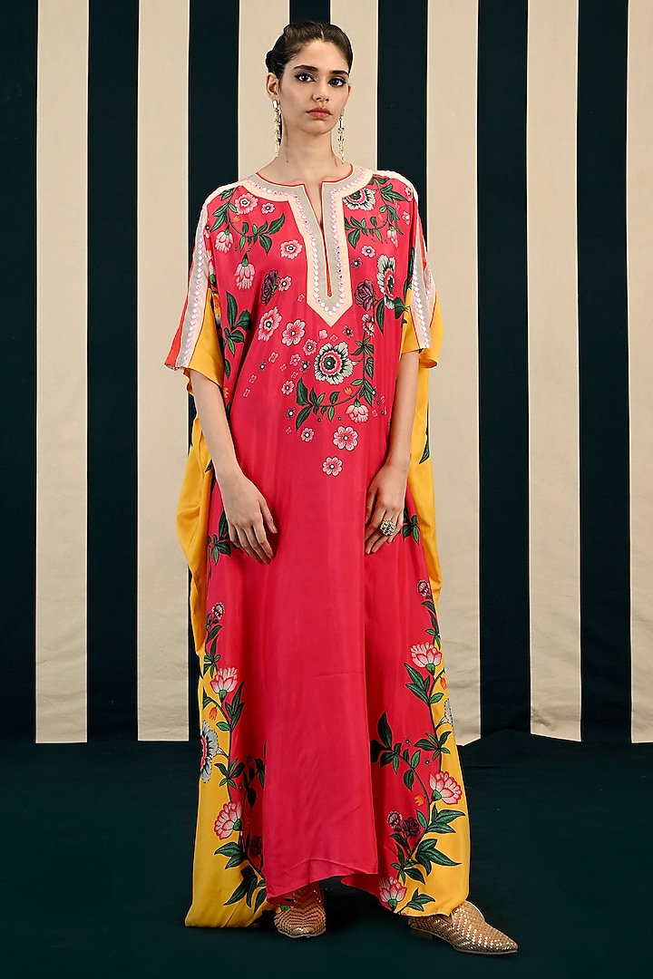 Red Habutai Silk Mirror Work Kaftan Set by Swati Vijaivargie at Pernia's Pop Up Shop