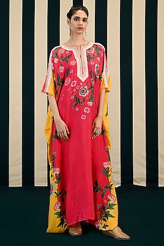 Red Habutai Silk Mirror Work Kaftan Set by Swati Vijaivargie