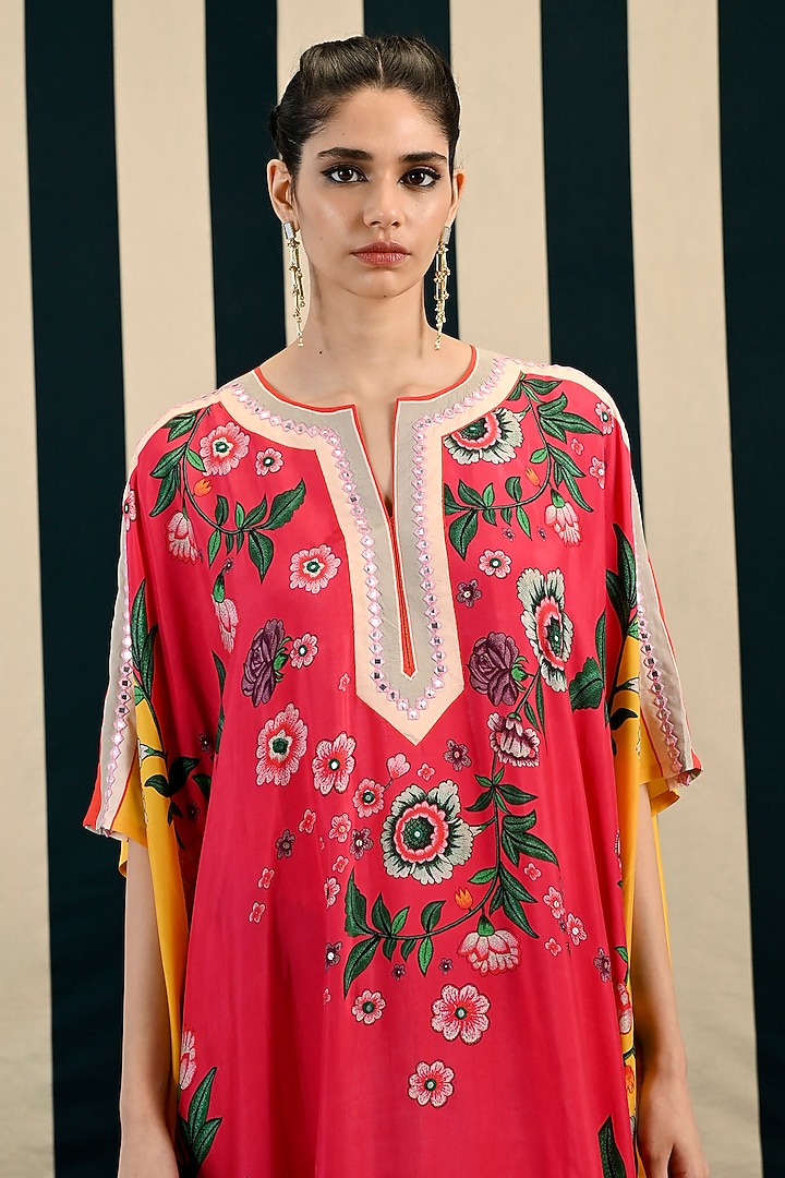 Red Habutai Silk Mirror Work Kaftan Set by Swati Vijaivargie at Pernia's Pop Up Shop