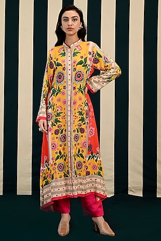 Mustard & Red Habutai Silk Mirror Work Kurta Set by Swati Vijaivargie