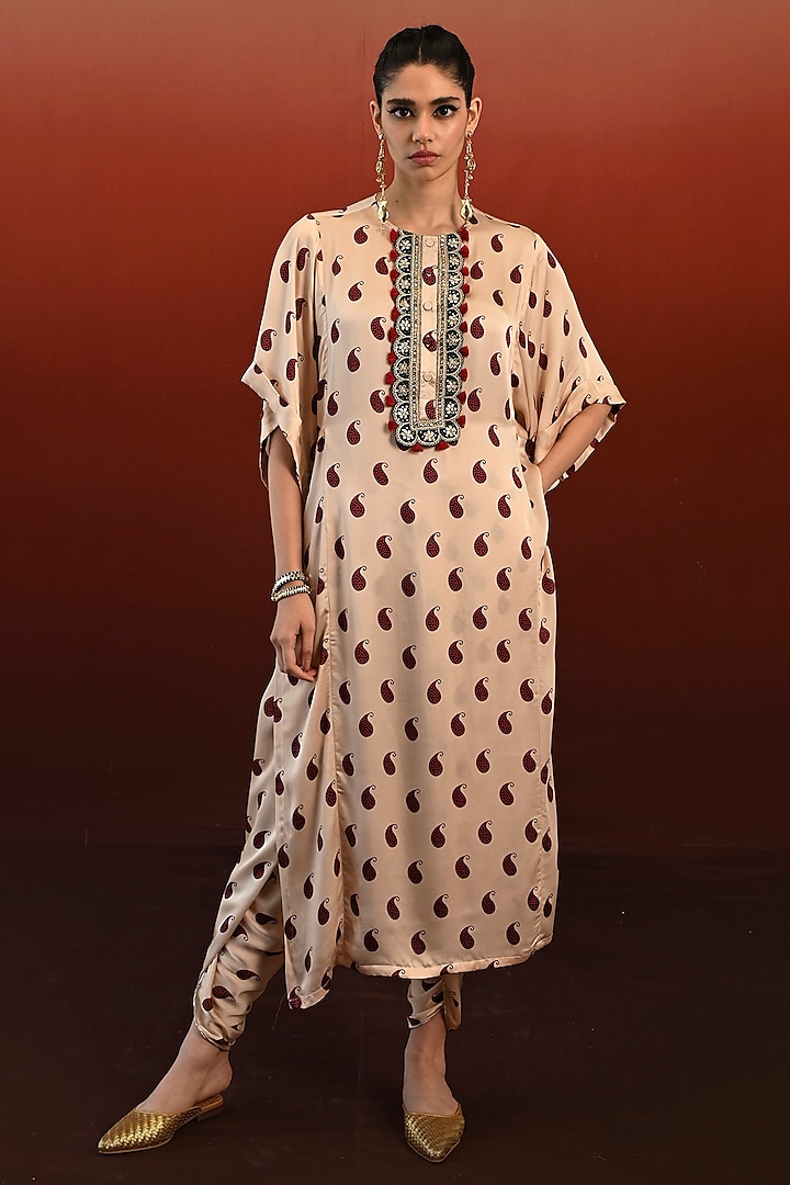 Ecru Modal Satin Hand Embroidered Kaftan Set by Swati Vijaivargie at Pernia's Pop Up Shop