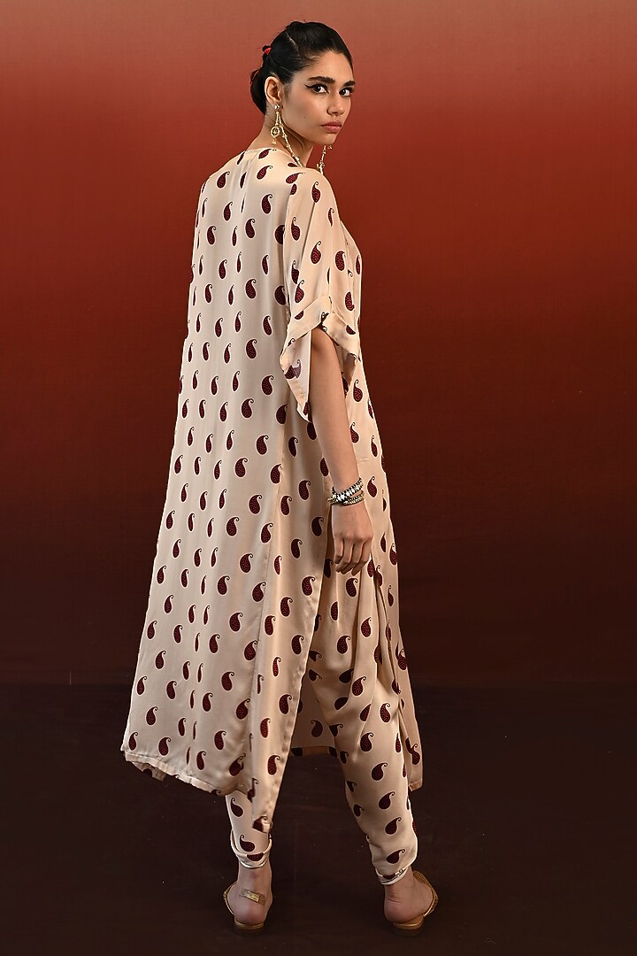 Ecru Modal Satin Hand Embroidered Kaftan Set by Swati Vijaivargie at Pernia's Pop Up Shop