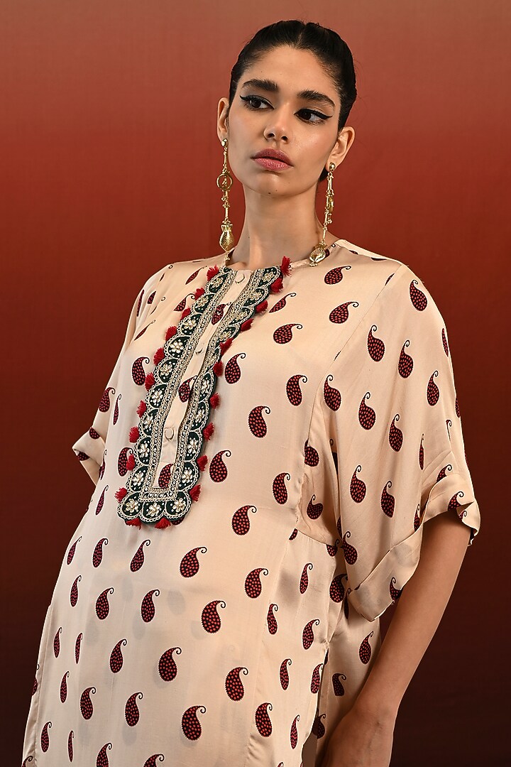 Ecru Modal Satin Hand Embroidered Kaftan Set by Swati Vijaivargie at Pernia's Pop Up Shop