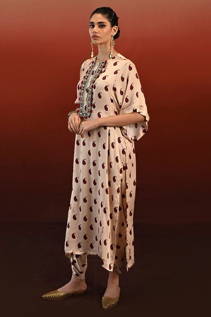 Ecru Modal Satin Hand Embroidered Kaftan Set by Swati Vijaivargie at Pernia's Pop Up Shop
