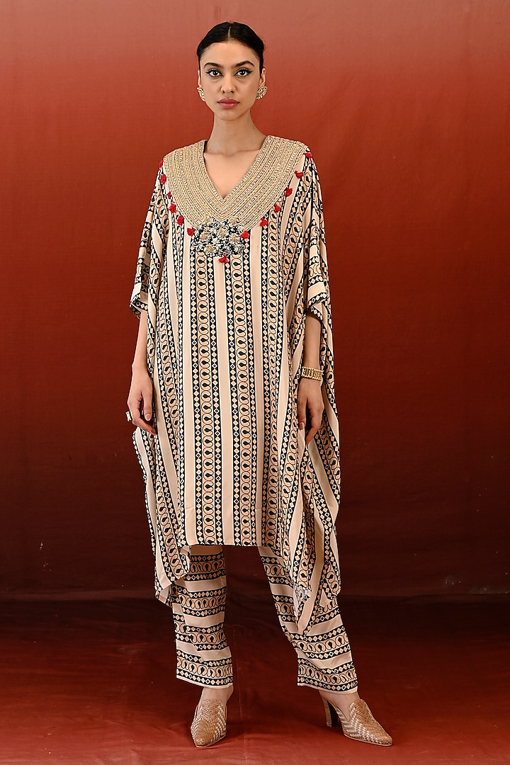 Ecru Silk Hand Embroidered Kaftan Set by Swati Vijaivargie at Pernia's Pop Up Shop