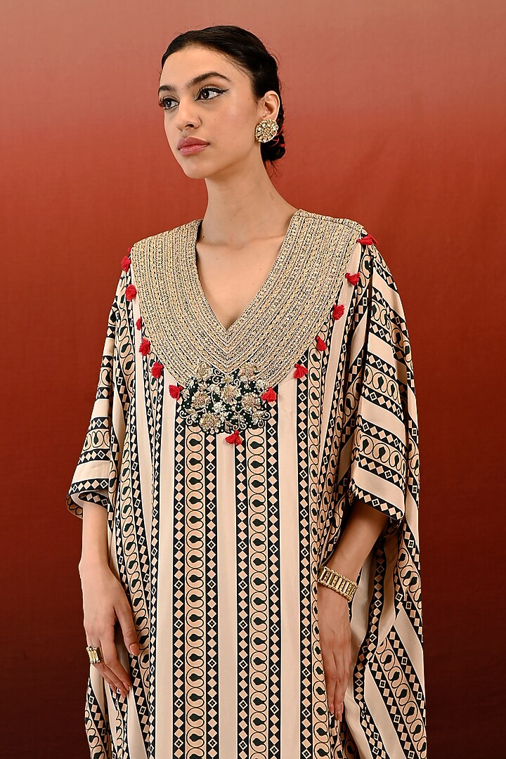 Ecru Silk Hand Embroidered Kaftan Set by Swati Vijaivargie at Pernia's Pop Up Shop