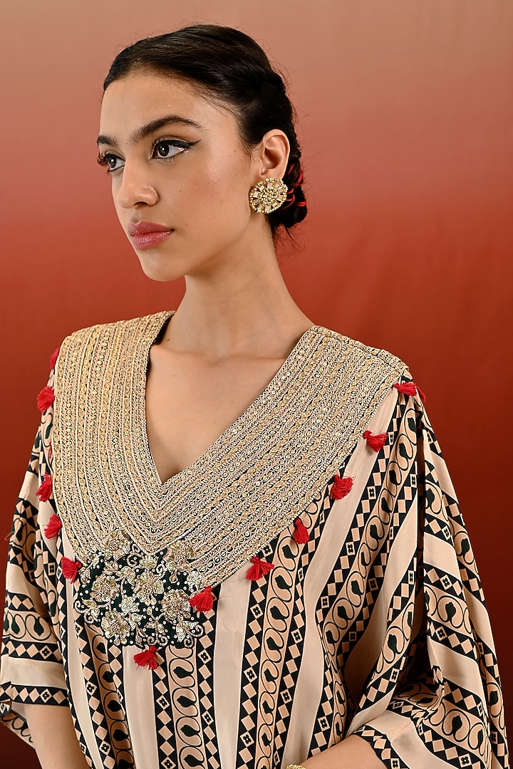 Ecru Silk Hand Embroidered Kaftan Set by Swati Vijaivargie at Pernia's Pop Up Shop