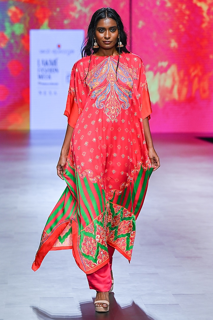 Pink & Orange Bemberg Modal Satin Kaftan Set by Swati Vijaivargie at Pernia's Pop Up Shop