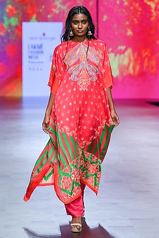 Pink & Orange Bemberg Modal Satin Kaftan Set by Swati Vijaivargie