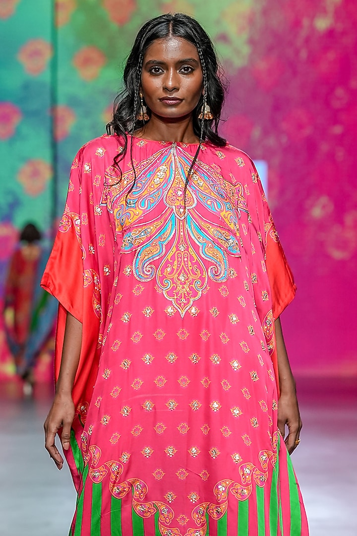 Pink & Orange Bemberg Modal Satin Kaftan Set by Swati Vijaivargie at Pernia's Pop Up Shop