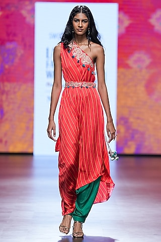 Orange Bemberg Modal Sain Hand Embroidered Kaftan Set by Swati Vijaivargie