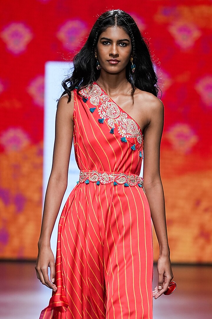 Orange Bemberg Modal Sain Hand Embroidered Kaftan Set by Swati Vijaivargie at Pernia's Pop Up Shop