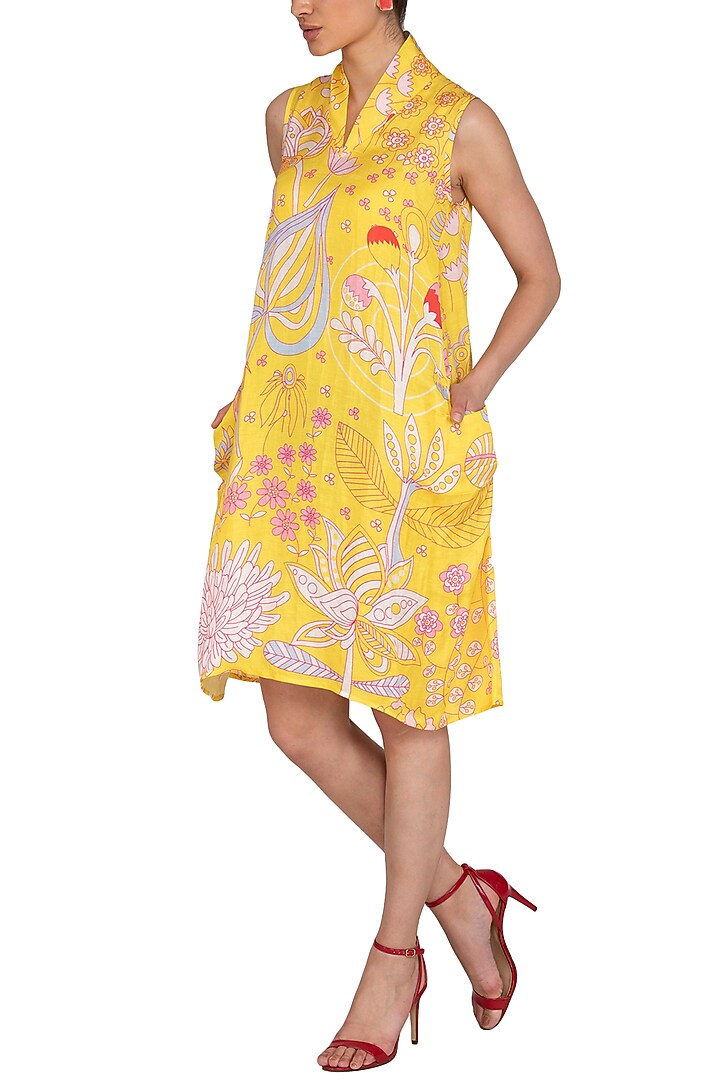 Yellow Linen Satin Jaal Printed Knee-Length Sleeveless Summer Dress by Swati Vijaivargie at Pernia's Pop Up Shop