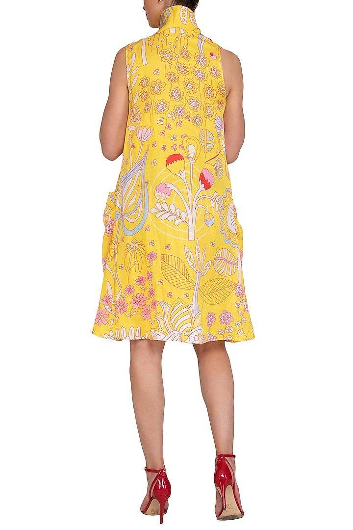 Yellow Linen Satin Jaal Printed Knee-Length Sleeveless Summer Dress by Swati Vijaivargie at Pernia's Pop Up Shop