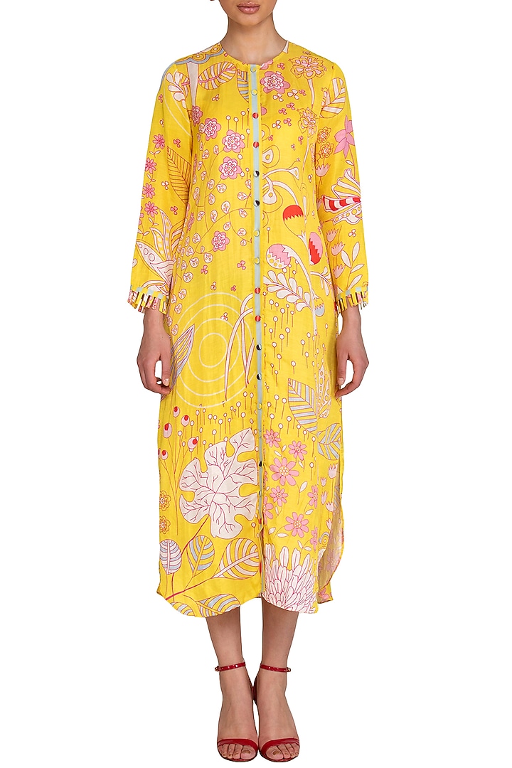 Yellow Linen Satin Jaal Printed Summer Shirt Dress by Swati Vijaivargie at Pernia's Pop Up Shop