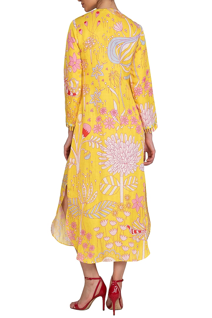 Yellow Linen Satin Jaal Printed Summer Shirt Dress by Swati Vijaivargie at Pernia's Pop Up Shop