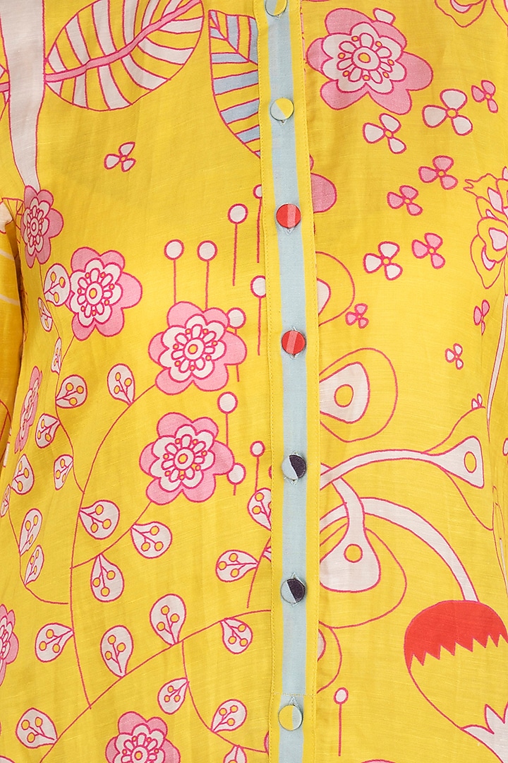 Yellow Linen Satin Jaal Printed Summer Shirt Dress by Swati Vijaivargie at Pernia's Pop Up Shop