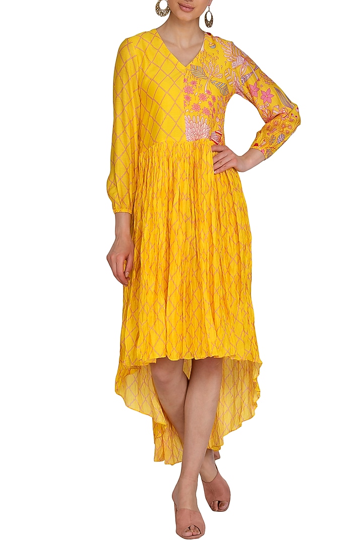 Yellow High-Low Printed Crushed Summer Dress by Swati Vijaivargie at Pernia's Pop Up Shop