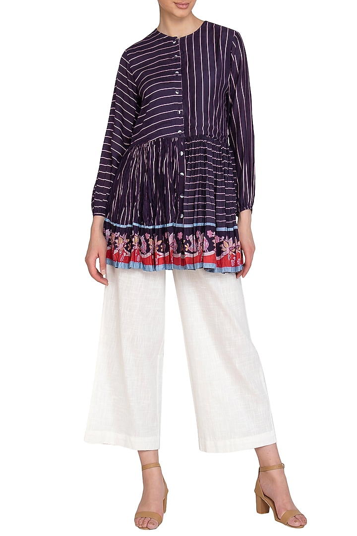 Navy Blue Printed Peplum Top by Swati Vijaivargie at Pernia's Pop Up Shop