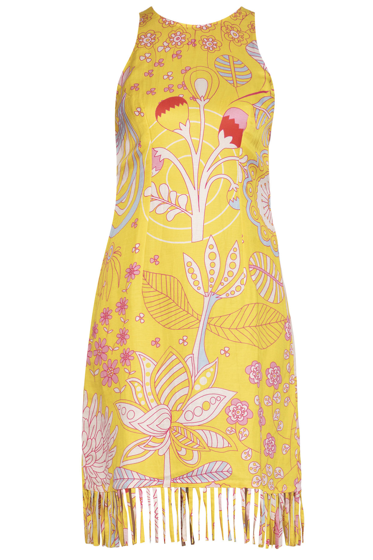 Yellow Jaal Printed Dress With Fringes by Swati Vijaivargie