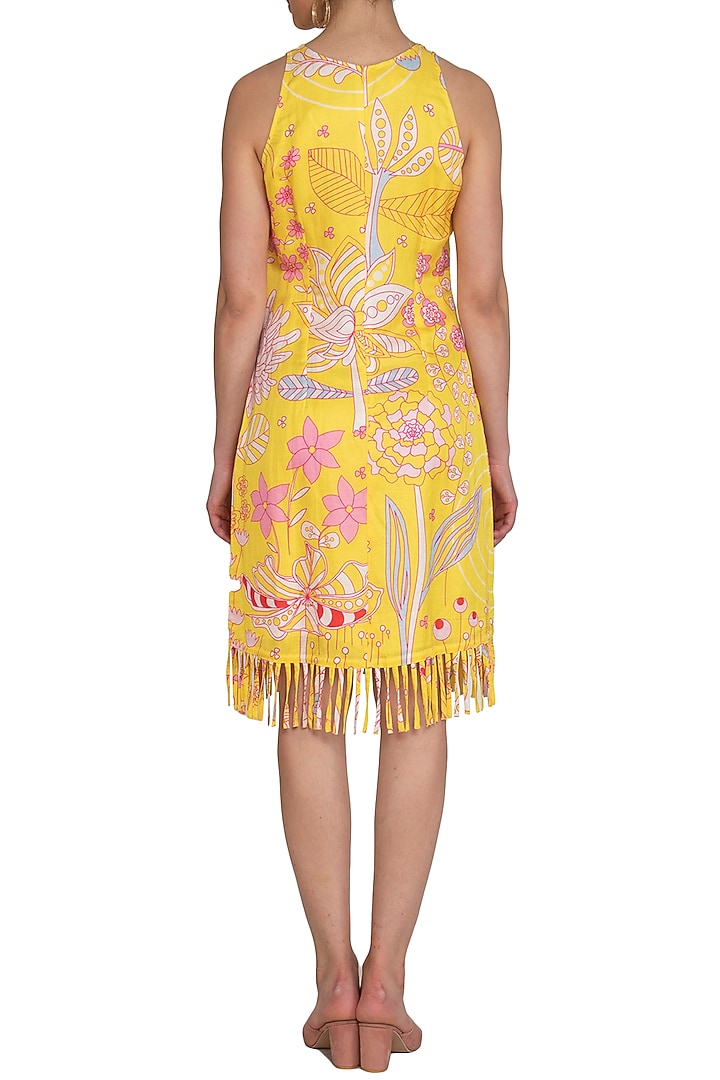 Yellow Linen Satin Jaal Printed Knee-Length Sleeveless Summer Dress by Swati Vijaivargie at Pernia's Pop Up Shop