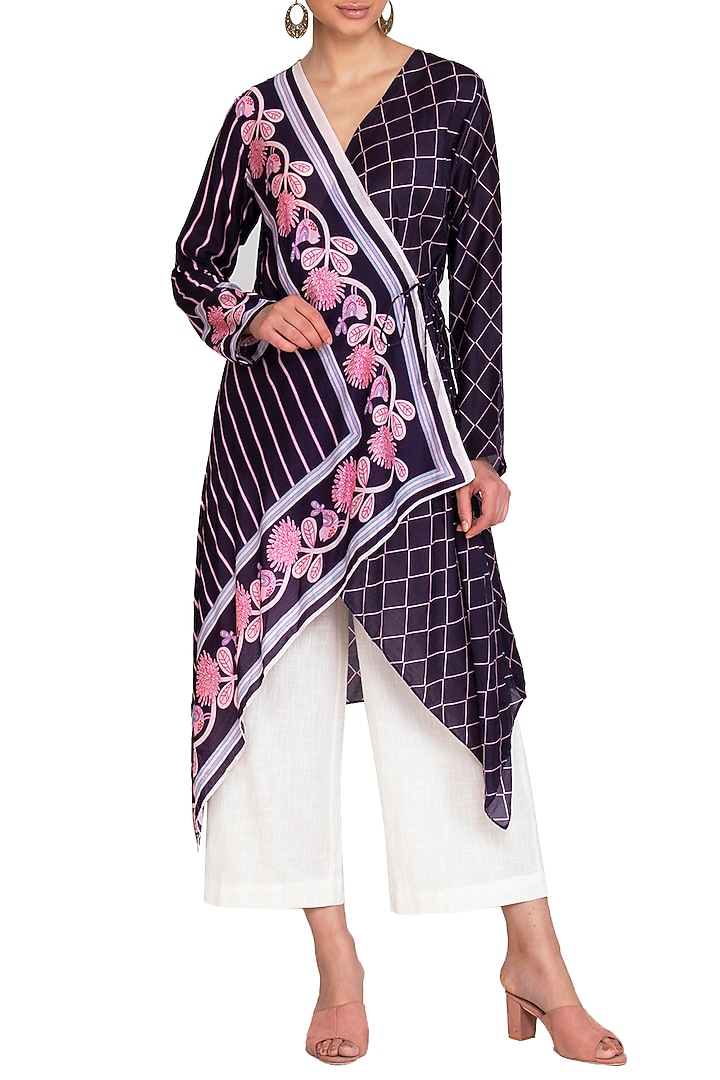 Navy Blue Striped Printed Asymmetrical Wrap Tunic by Swati Vijaivargie at Pernia's Pop Up Shop