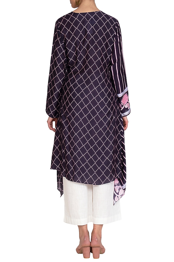 Navy Blue Striped Printed Asymmetrical Wrap Tunic by Swati Vijaivargie at Pernia's Pop Up Shop