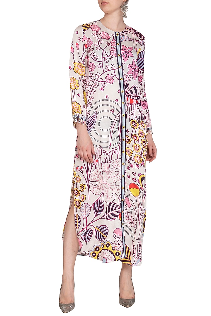 Ivory Linen Satin Jaal Printed Summer Shirt Dress by Swati Vijaivargie at Pernia's Pop Up Shop