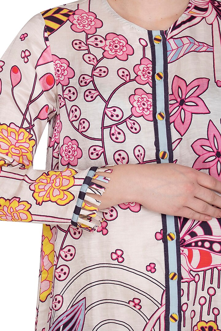 Ivory Linen Satin Jaal Printed Summer Shirt Dress by Swati Vijaivargie at Pernia's Pop Up Shop