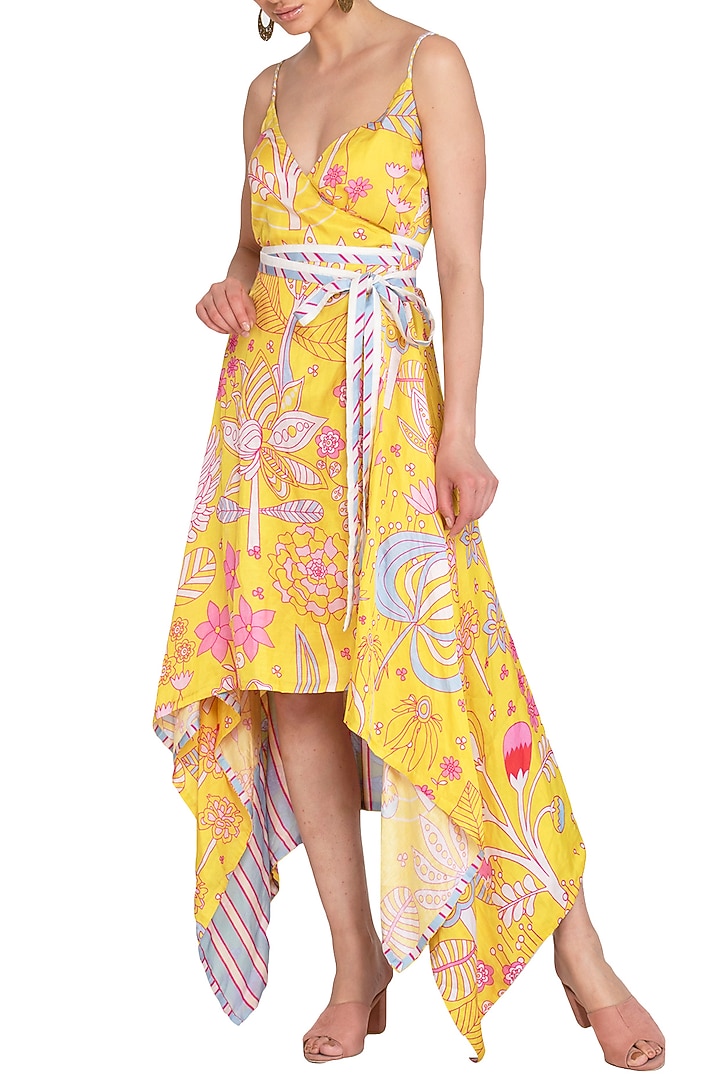 Yellow Jaal Printed Asymmetrical Wrap Vacation Dress by Swati Vijaivargie at Pernia's Pop Up Shop