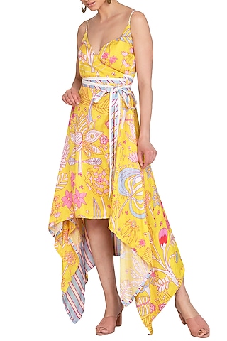Yellow Jaal Printed Asymmetrical Wrap Dress by Swati Vijaivargie