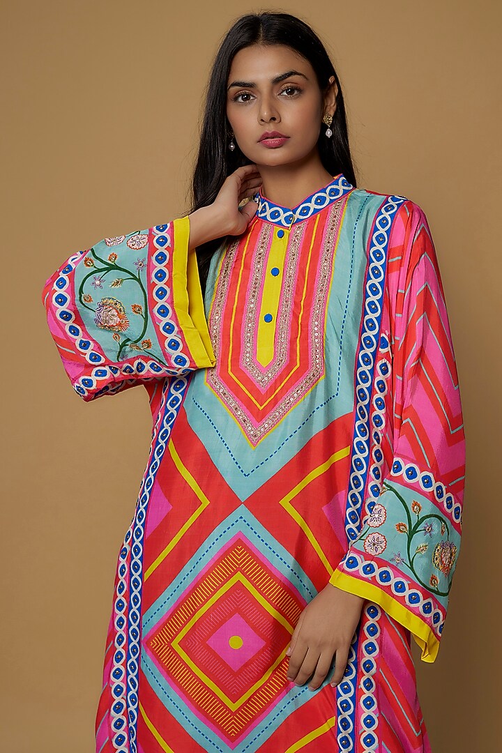 Multi-Colored Silk Hand Embroidered Kurta Set by Swati Vijaivargie at Pernia's Pop Up Shop