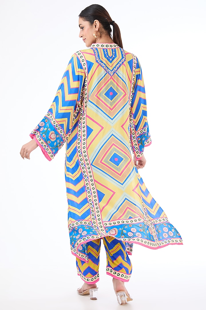 Blue Habutai Silk Digital Printed & Hand Embroidered Kurta Set by Swati Vijaivargie at Pernia's Pop Up Shop
