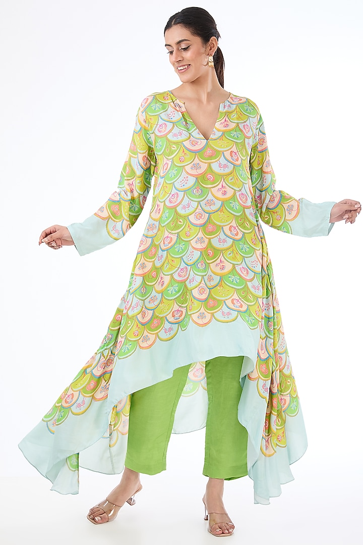 Lime Green Habutai Silk Floral Printed Asymmetric Tunic Set by Swati Vijaivargie at Pernia's Pop Up Shop