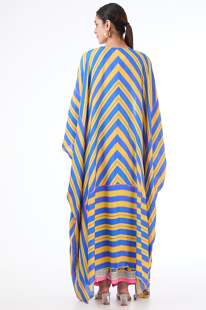 Blue & Yellow Habutai Silk Printed Cape Set by Swati Vijaivargie at Pernia's Pop Up Shop