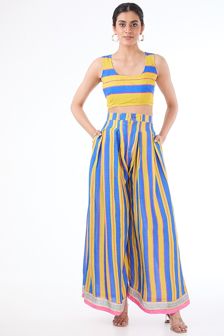 Blue & Yellow Habutai Silk Printed Cape Set by Swati Vijaivargie at Pernia's Pop Up Shop