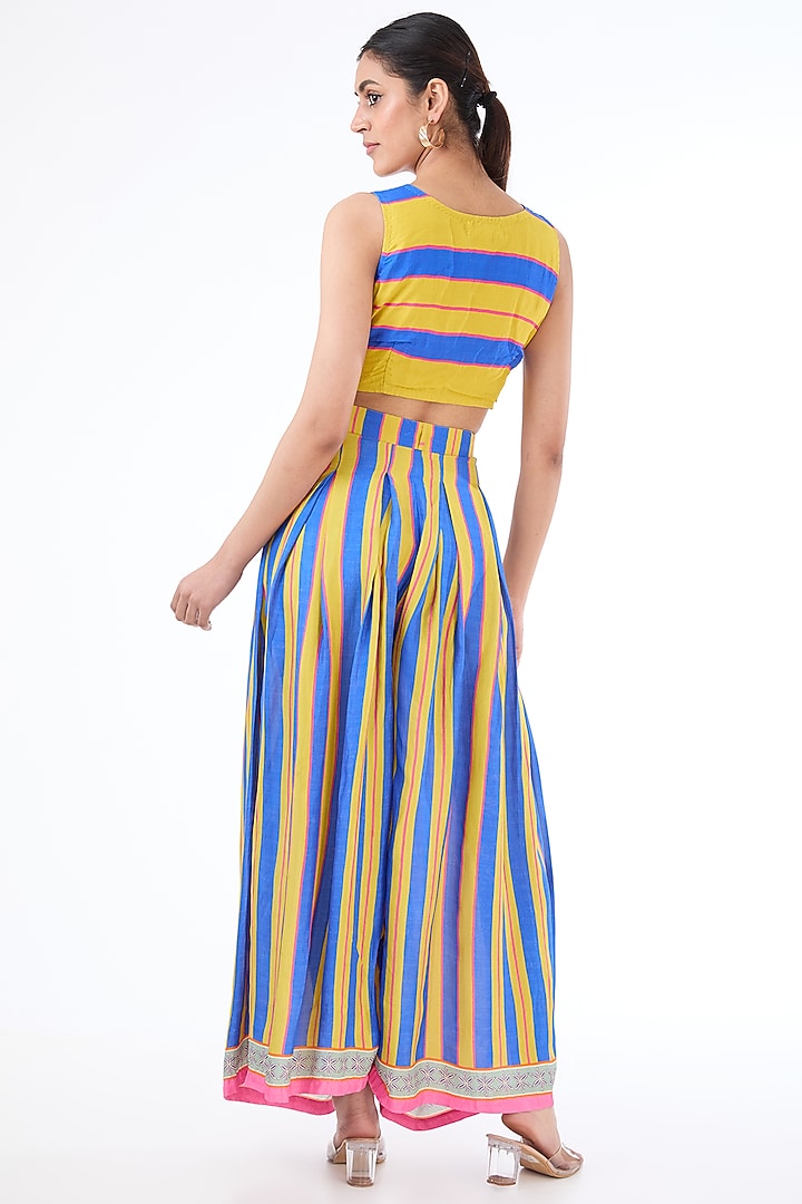 Blue & Yellow Habutai Silk Printed Cape Set by Swati Vijaivargie at Pernia's Pop Up Shop