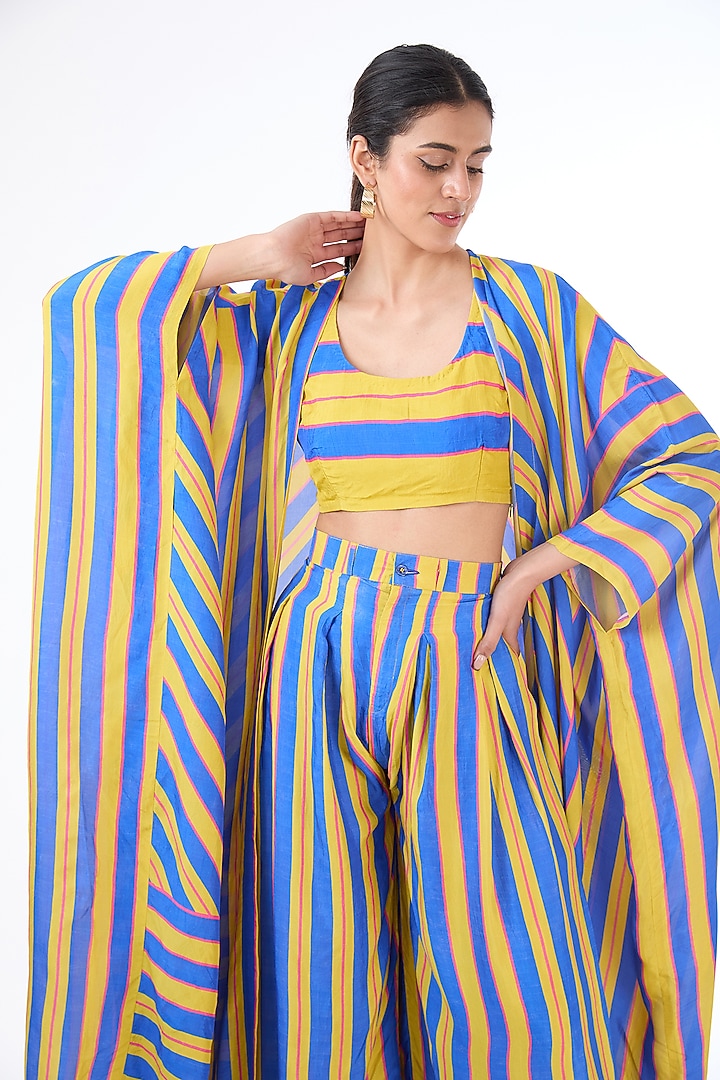 Blue & Yellow Habutai Silk Printed Cape Set by Swati Vijaivargie at Pernia's Pop Up Shop