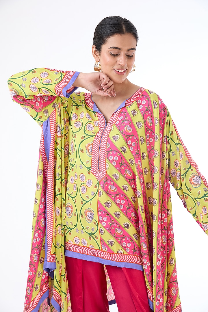 Red & Yellow Habutai Silk Printed Tunic Set by Swati Vijaivargie at Pernia's Pop Up Shop