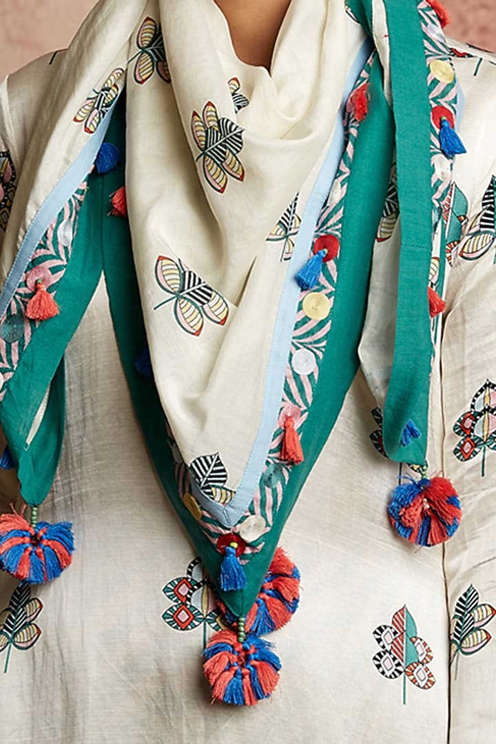 Ivory Embroidered & Printed Scarf by Swati Vijaivargie at Pernia's Pop Up Shop