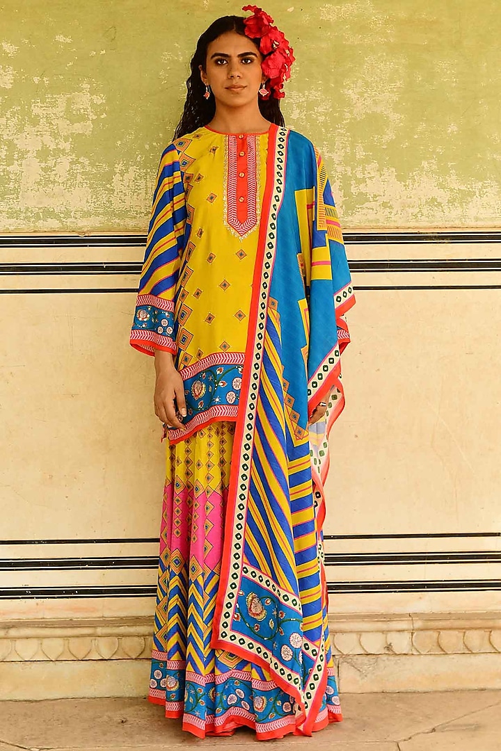 Multi-Colored Silk Printed Sharara Set by Swati Vijaivargie at Pernia's Pop Up Shop