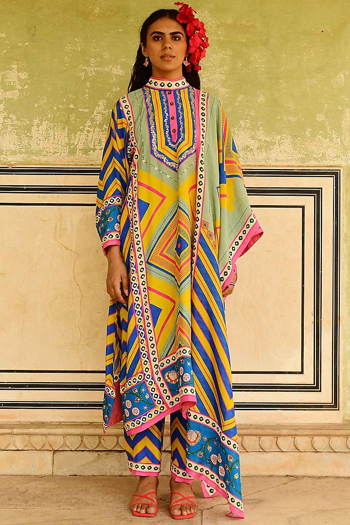 Multi-Colored Silk Printed & Embroidered Kurta Set by Swati Vijaivargie